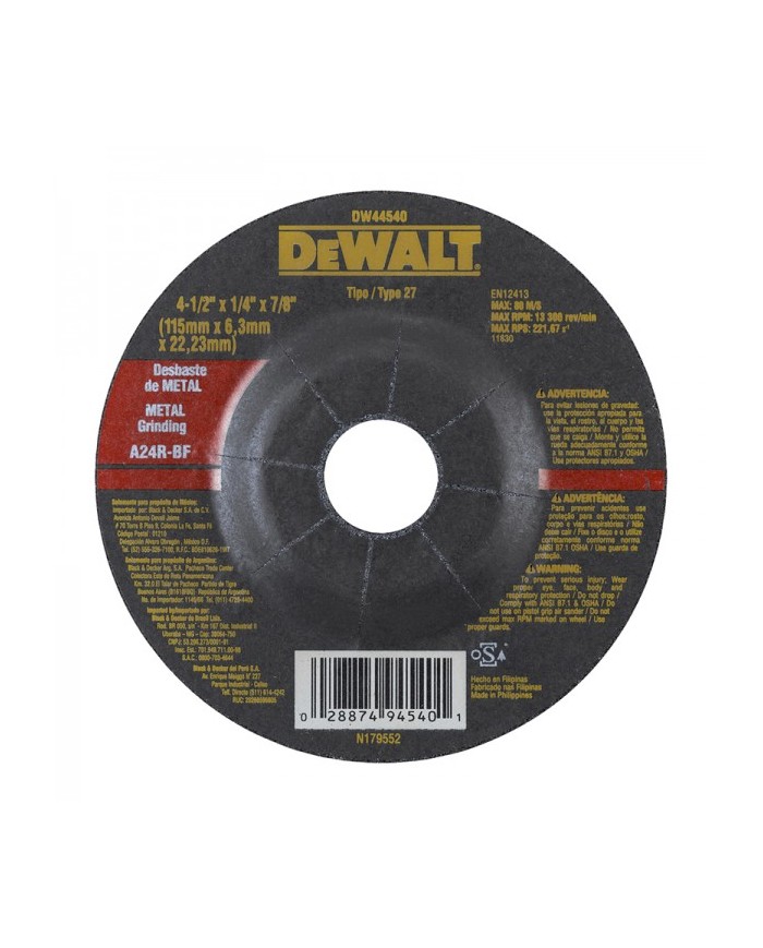 Disco abrasivo desbaste metal 4-1/2? x 1/4? – DeWALT