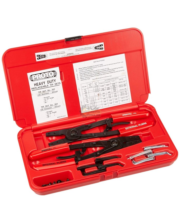Juego de alicates para anillos de retención interior y exterior 10" 30 piezas