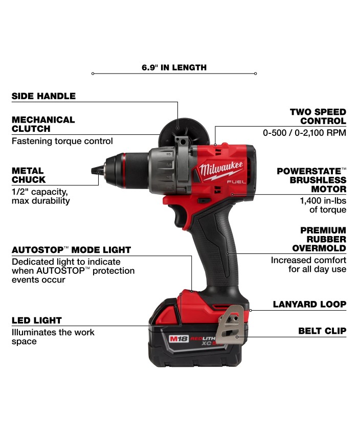 Taladro inalámbrico percutor / atornillador 1/2"  M18™ Milwaukee