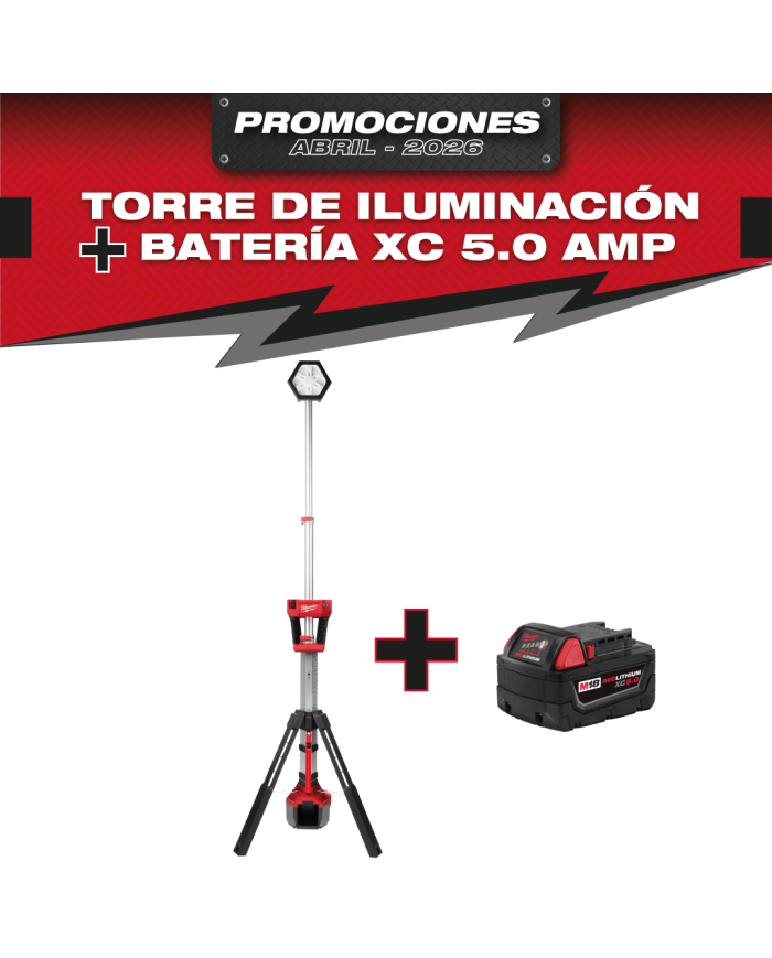 PROMO MILWAUKEE: Torre de iluminación led 2500 lúmenes (2131-20), GRATIS Batería M18™ REDLITHIUM™ XC 5.0 AMP (48-11-1850)