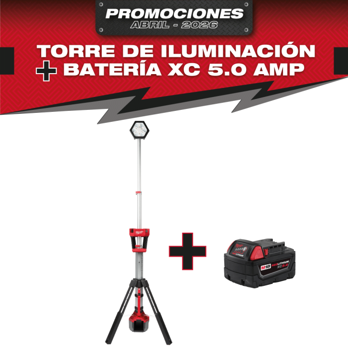 PROMO MILWAUKEE: Torre de iluminación led 2500 lúmenes (2131-20), GRATIS Batería M18™ REDLITHIUM™ XC 5.0 AMP (48-11-1850)
