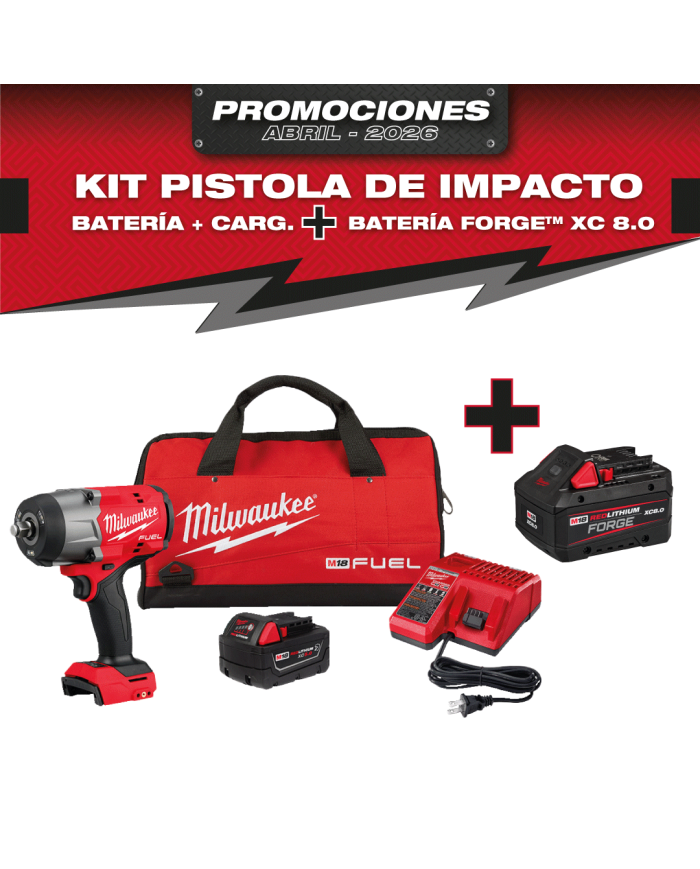 PROMO MILWAUKEE: Kit Pistola de impacto + 1 baterías  XC 5.0 + 1 Cargador GRATIS 1 Batería M18™ FORGE™  XC 8.0