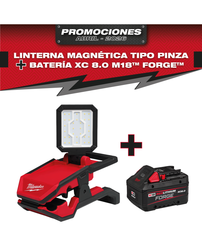 PROMO ABRIL: Linterna Milwaukee magnética tipo pinza M18™ ROVER™ (2358-20) 1500 lumens GRATIS: Batería M18™ FORGE™ XC 8.0 AMP