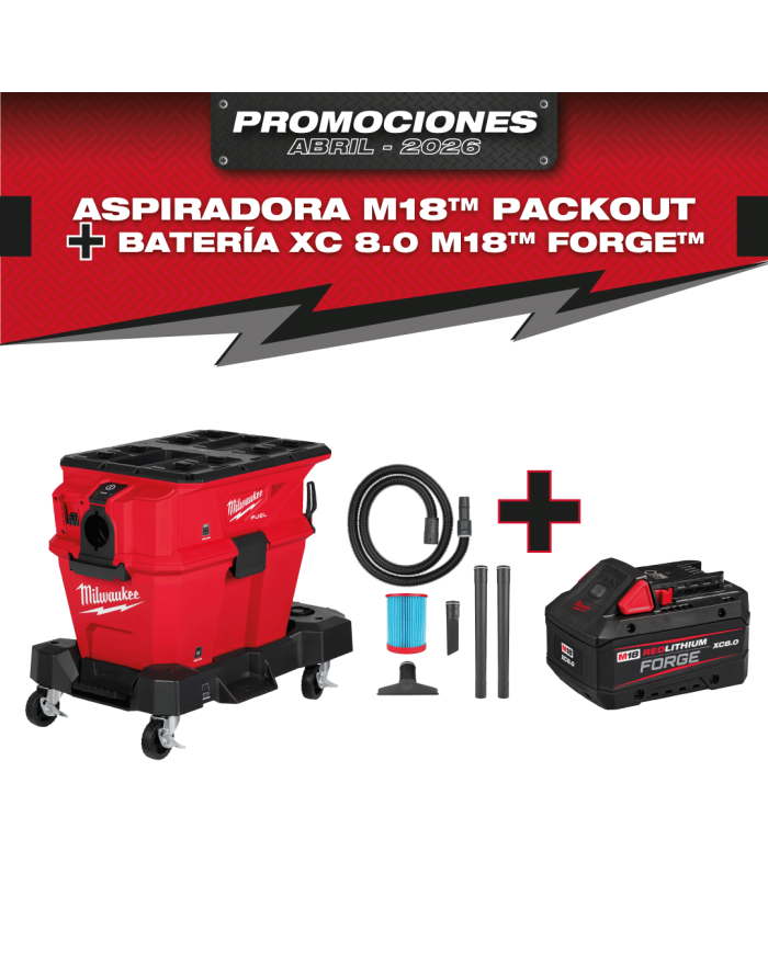 PROMO MILWAUKEE: Aspiradora Milwaukee PACKOUT™ 6 GL 0915-20, GRATIS Batería Milwaukee XC 8.0 M18™ FORGE™ 48-11-1881