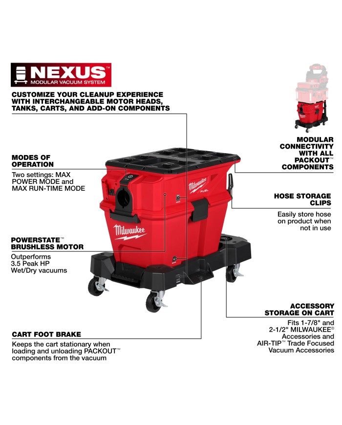 PROMO MILWAUKEE: Aspiradora Milwaukee PACKOUT™ 6 GL 0915-20, GRATIS Batería Milwaukee XC 8.0 M18™ FORGE™ 48-11-1881