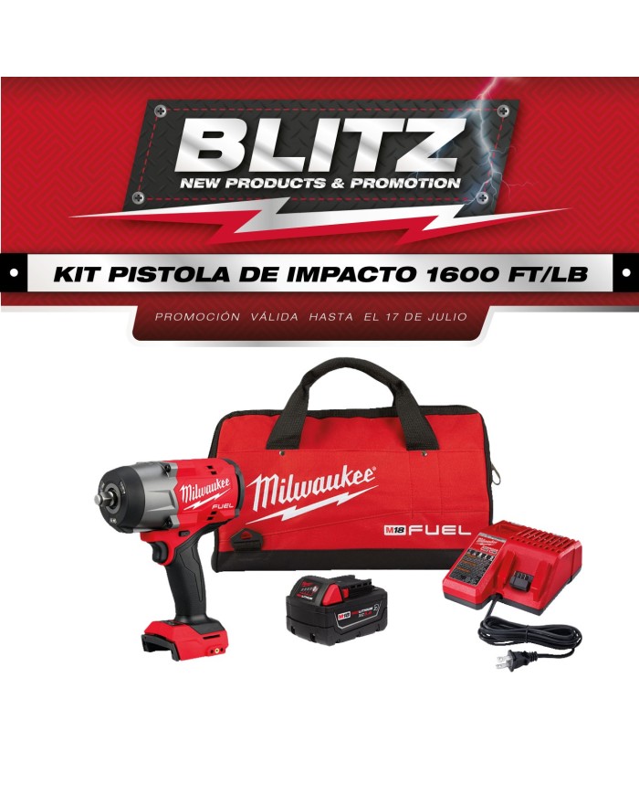 PROMO MILWAUKEE: Kit Pistola de impacto de 1/2" 1600 ft/lb + batería  XC 5.0 + 1 Cargador y bolso