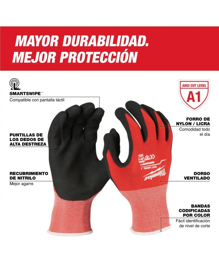 PROMO MILWAUKE: Guantes de nitrilo nivel de corte 1 (Tallas S, M, L) 48-22-8901 Milwaukee